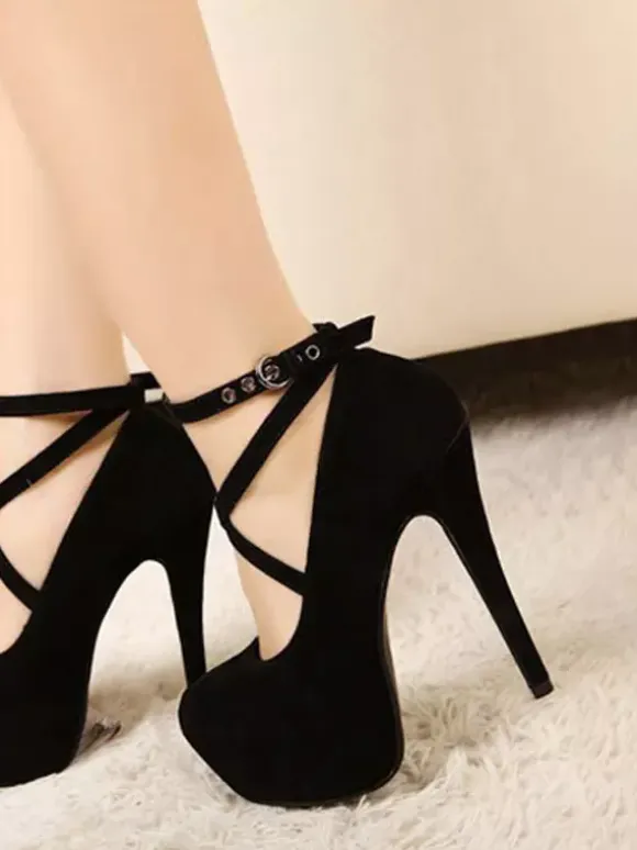 Womens Blue Platform Pumps Suede Round Toe Criss Cross Strap Stiletto Heels