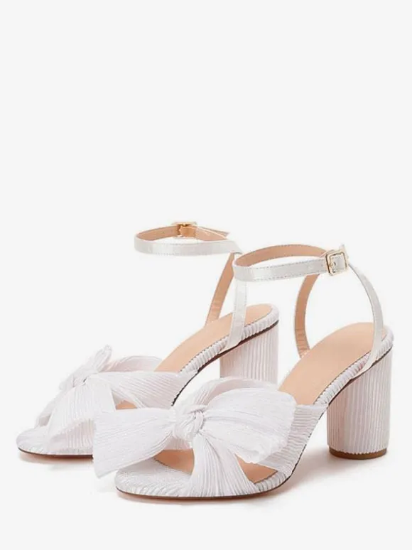 Women's Bow Wedding Sandals Block Heel Prom Shoes White Homecoming Shoes