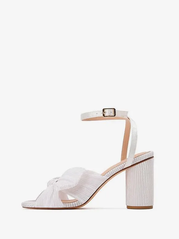 Women's Bow Wedding Sandals Block Heel Prom Shoes White Homecoming Shoes