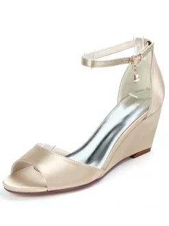 Women's Bridal Shoes Ankle Strap Wedge Sandals in Satin