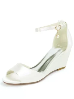 Women's Bridal Shoes Ankle Strap Wedge Sandals in Satin