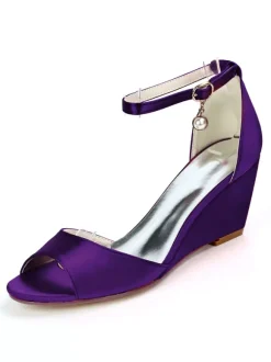 Women's Bridal Shoes Ankle Strap Wedge Sandals in Satin