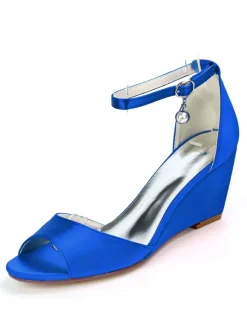 Women's Bridal Shoes Ankle Strap Wedge Sandals in Satin