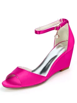 Women's Bridal Shoes Ankle Strap Wedge Sandals in Satin