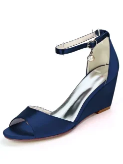 Women's Bridal Shoes Ankle Strap Wedge Sandals in Satin