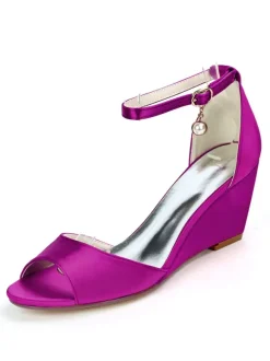 Women's Bridal Shoes Ankle Strap Wedge Sandals in Satin