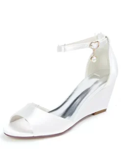 Women's Bridal Shoes Ankle Strap Wedge Sandals in Satin