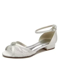 Women's Bridal Shoes Rhinestones Lace Peep Toe Ankle Strap Flats