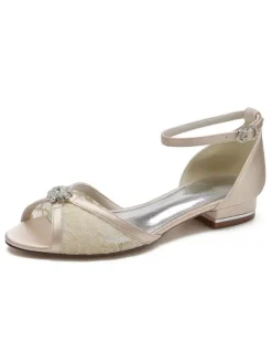 Women's Bridal Shoes Rhinestones Lace Peep Toe Ankle Strap Flats