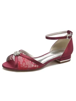 Women's Bridal Shoes Rhinestones Lace Peep Toe Ankle Strap Flats