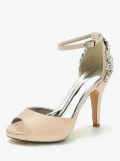 Women's Bridal Shoes Satin Deep Blue Peep Toe Rhinestones Chunky Heel Bridal Shoes