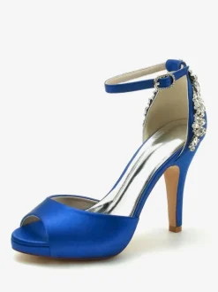 Women's Bridal Shoes Satin Deep Blue Peep Toe Rhinestones Chunky Heel Bridal Shoes