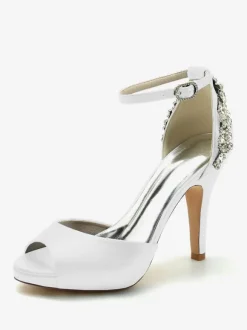 Women's Bridal Shoes Satin Deep Blue Peep Toe Rhinestones Chunky Heel Bridal Shoes