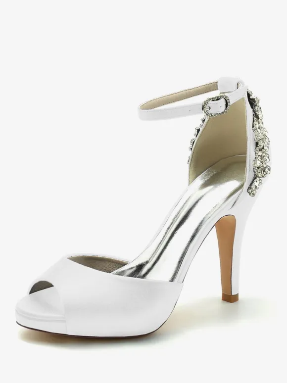 Women's Bridal Shoes Satin Deep Blue Peep Toe Rhinestones Chunky Heel Bridal Shoes