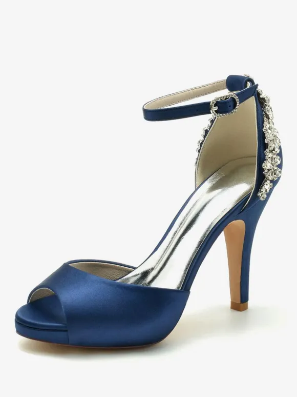 Women's Bridal Shoes Satin Deep Blue Peep Toe Rhinestones Chunky Heel Bridal Shoes