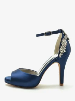 Women's Bridal Shoes Satin Deep Blue Peep Toe Rhinestones Chunky Heel Bridal Shoes