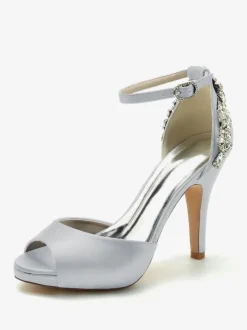 Women's Bridal Shoes Satin Deep Blue Peep Toe Rhinestones Chunky Heel Bridal Shoes