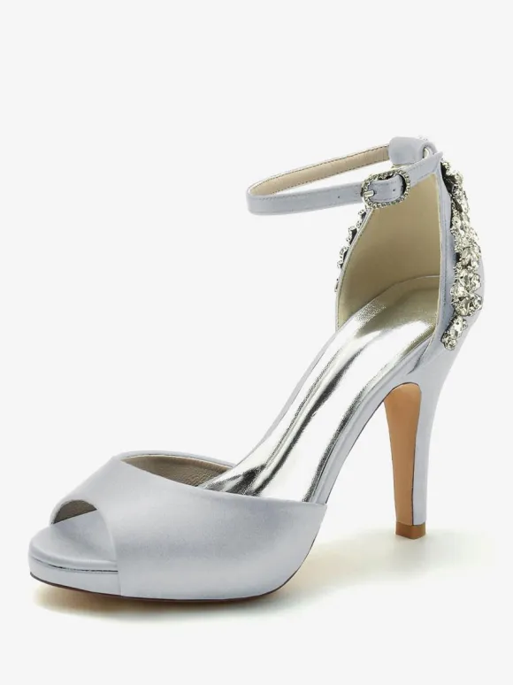 Women's Bridal Shoes Satin Deep Blue Peep Toe Rhinestones Chunky Heel Bridal Shoes