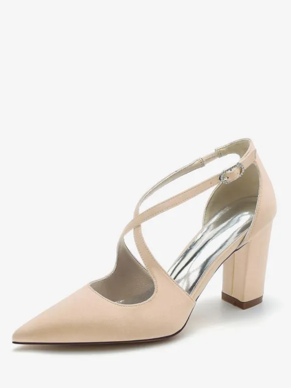 Women's Bridal Shoes Satin Pointed Toe Chunky Heel Bridal Shoes