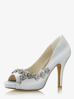 Women's Bridal Shoes Satin White Peep Toe Rhinestones Chunky Heel Bridal Shoes