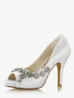 Women's Bridal Shoes Satin White Peep Toe Rhinestones Chunky Heel Bridal Shoes