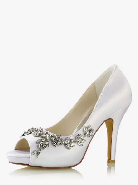 Women's Bridal Shoes Satin White Peep Toe Rhinestones Chunky Heel Bridal Shoes