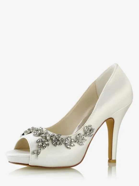 Women's Bridal Shoes Satin White Peep Toe Rhinestones Chunky Heel Bridal Shoes