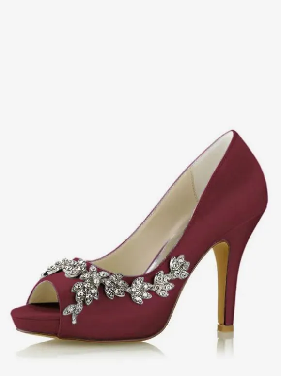 Women's Bridal Shoes Satin White Peep Toe Rhinestones Chunky Heel Bridal Shoes