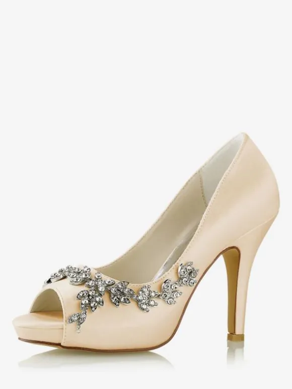 Women's Bridal Shoes Satin White Peep Toe Rhinestones Chunky Heel Bridal Shoes
