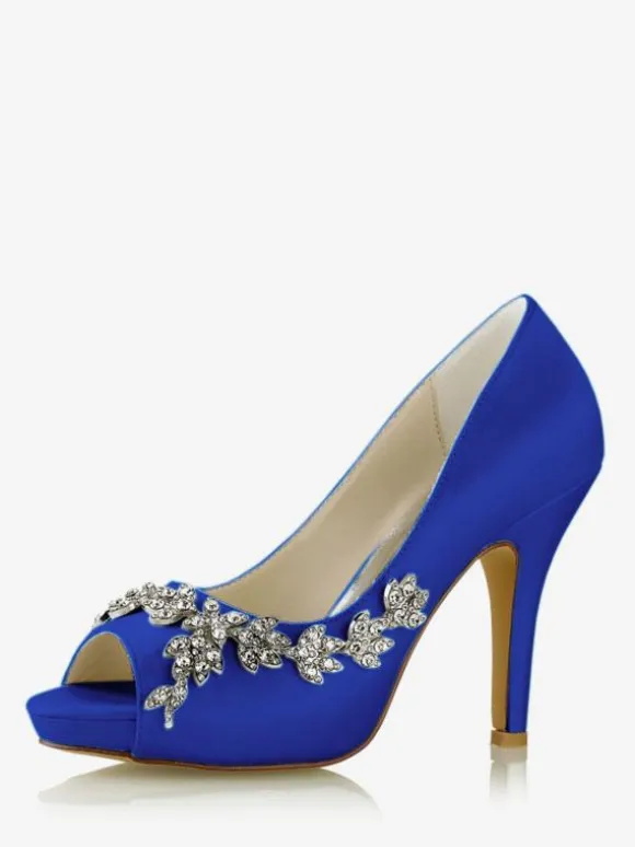 Women's Bridal Shoes Satin White Peep Toe Rhinestones Chunky Heel Bridal Shoes