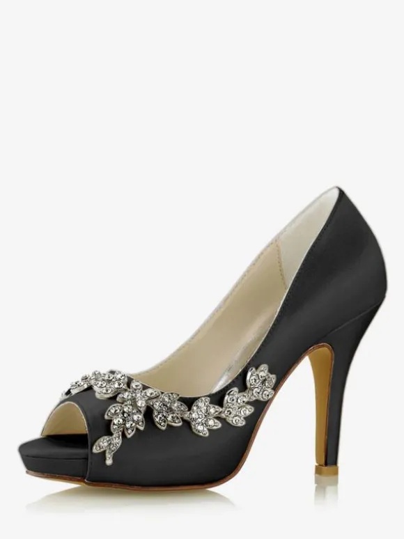 Women's Bridal Shoes Satin White Peep Toe Rhinestones Chunky Heel Bridal Shoes