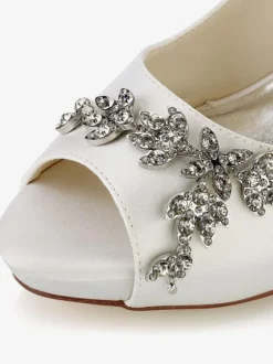 Women's Bridal Shoes Satin White Peep Toe Rhinestones Chunky Heel Bridal Shoes