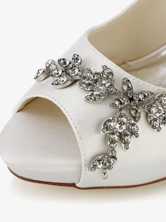 Women's Bridal Shoes Satin White Peep Toe Rhinestones Chunky Heel Bridal Shoes