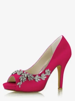 Women's Bridal Shoes Satin White Peep Toe Rhinestones Chunky Heel Bridal Shoes