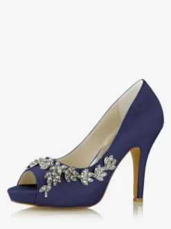 Women's Bridal Shoes Satin White Peep Toe Rhinestones Chunky Heel Bridal Shoes