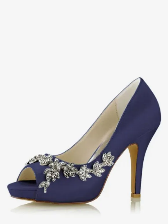 Women's Bridal Shoes Satin White Peep Toe Rhinestones Chunky Heel Bridal Shoes