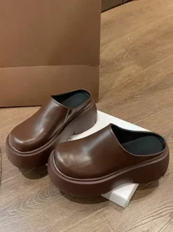 Women's Brown Clogs Round Toe Platfrom Mules