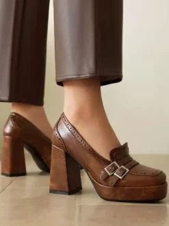 Women's Buckle Chunky Heel Loafers PU Leather