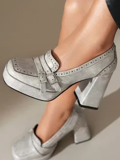 Women's Buckle Chunky Heel Loafers PU Leather