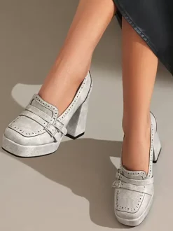 Women's Buckle Chunky Heel Loafers PU Leather