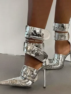 Women's Buckle High Heels Pointed Toe Ankle Strap Pumps