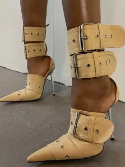 Women's Buckle High Heels Pointed Toe Ankle Strap Pumps