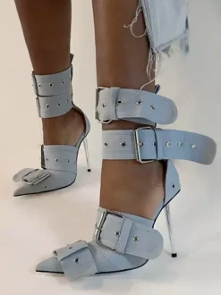 Women's Buckle High Heels Pointed Toe Ankle Strap Pumps