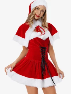 Women's Christmas Tunic Coffee Brown Hat Cloak Dress Polyester Christmas Holidays Costumes