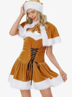 Women's Christmas Tunic Coffee Brown Hat Cloak Dress Polyester Christmas Holidays Costumes