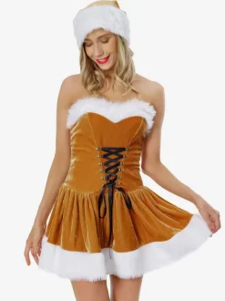 Women's Christmas Tunic Coffee Brown Hat Cloak Dress Polyester Christmas Holidays Costumes