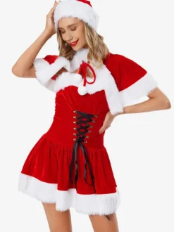 Women's Christmas Tunic Coffee Brown Hat Cloak Dress Polyester Christmas Holidays Costumes