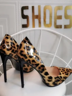Womens Coffee Brown Pumps Stiletto Heel Pointed Toe Leopard Printed Patent PU Casual Sexy Heels