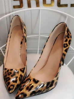 Womens Coffee Brown Pumps Stiletto Heel Pointed Toe Leopard Printed Patent PU Casual Sexy Heels