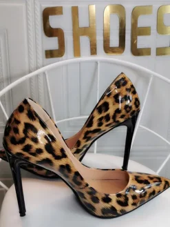Womens Coffee Brown Pumps Stiletto Heel Pointed Toe Leopard Printed Patent PU Casual Sexy Heels